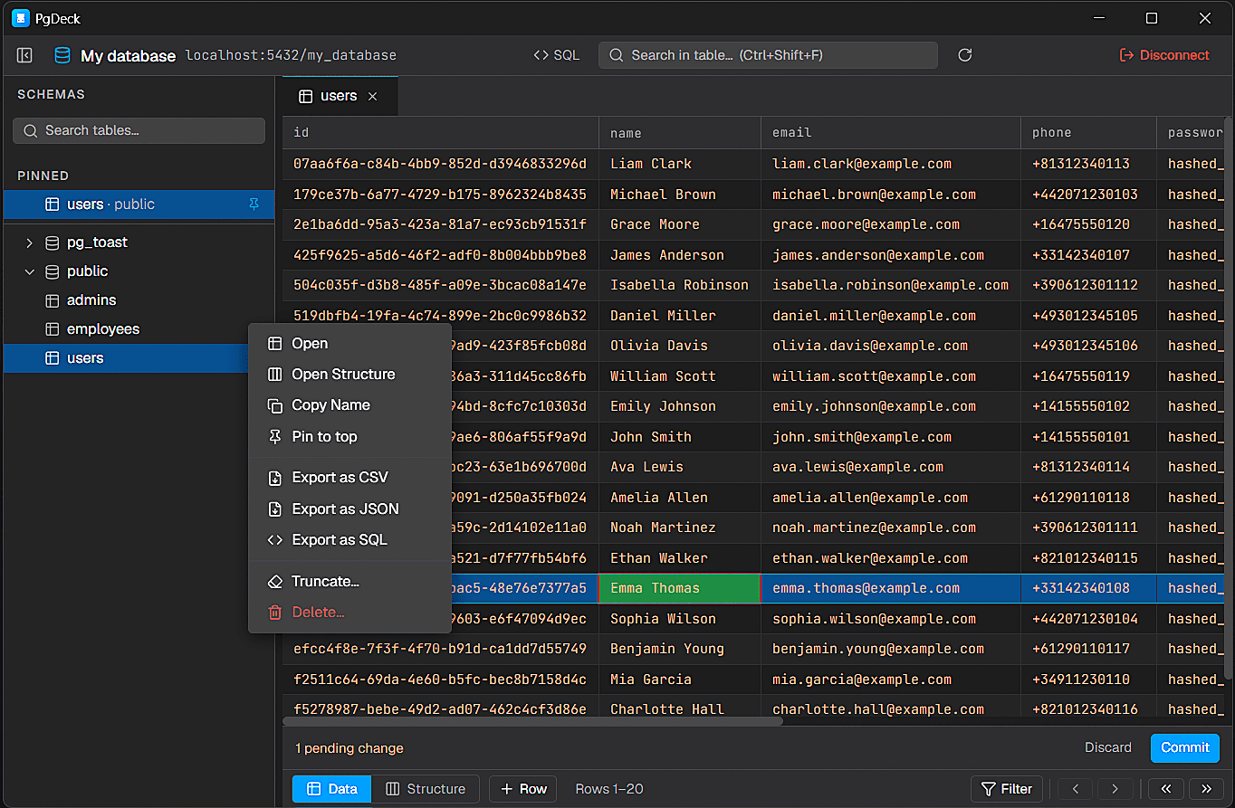 PgDeck PostgreSQL desktop app showing schema navigation, table filters, editable rows, and SQL tools